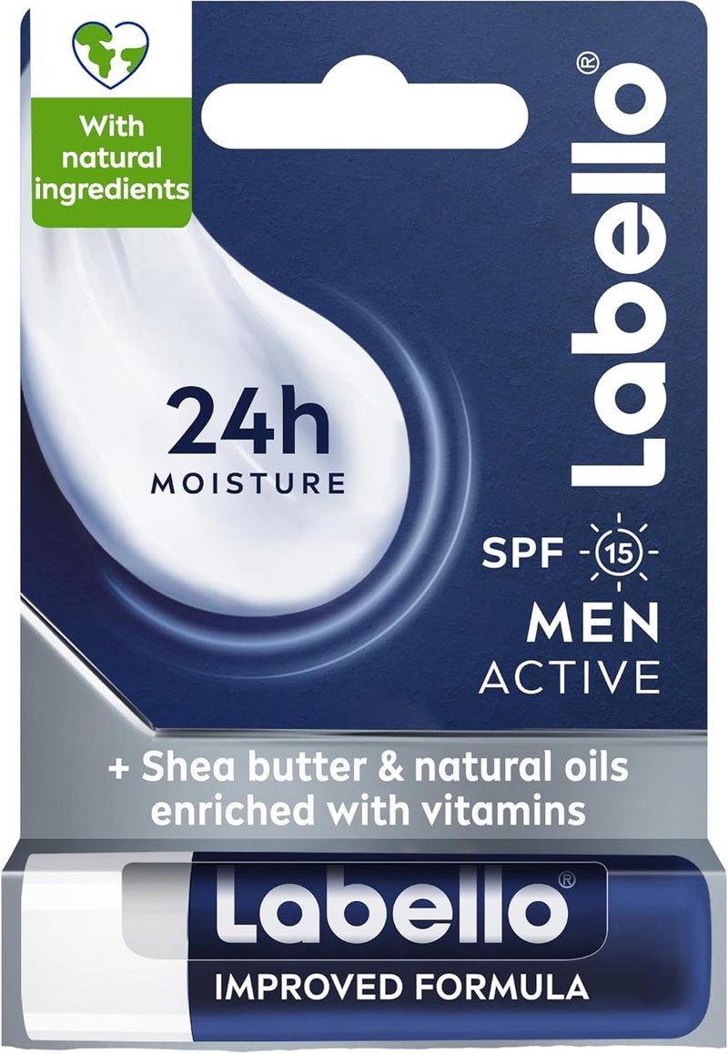 Labello Men Active Lip Balm, SPF 15, 24H Melt-In Moisture, with naturally derived ingredients, Mineral Oil Free, Fragrance Free, 4.8g - Image 1